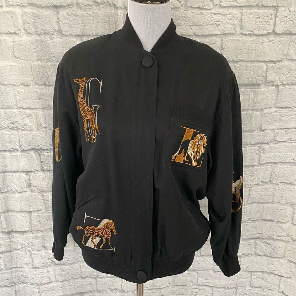 The Icing women S silk/cotton blend embroidered animal print zip jacket black
